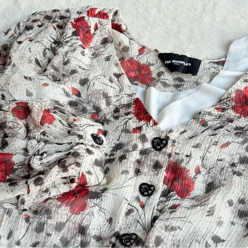 The Kooples Flying Flowers Silk White Red Long Sleeve Mini Dress FR 2 US S